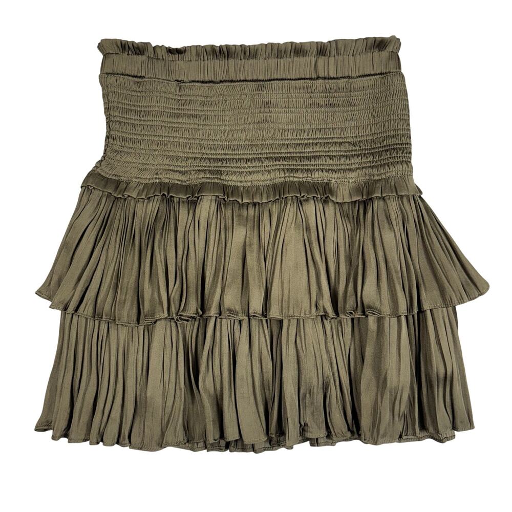 RESET Y2K Silky Amore Olive Green Tiered Mini Skirt Size S Coquette Fairycore